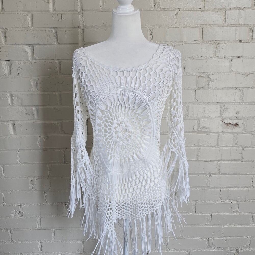 White Crochet Swim Tunic Cover-Up┃Fringe & Cold Shoulder ┃Coastal Boho Festival